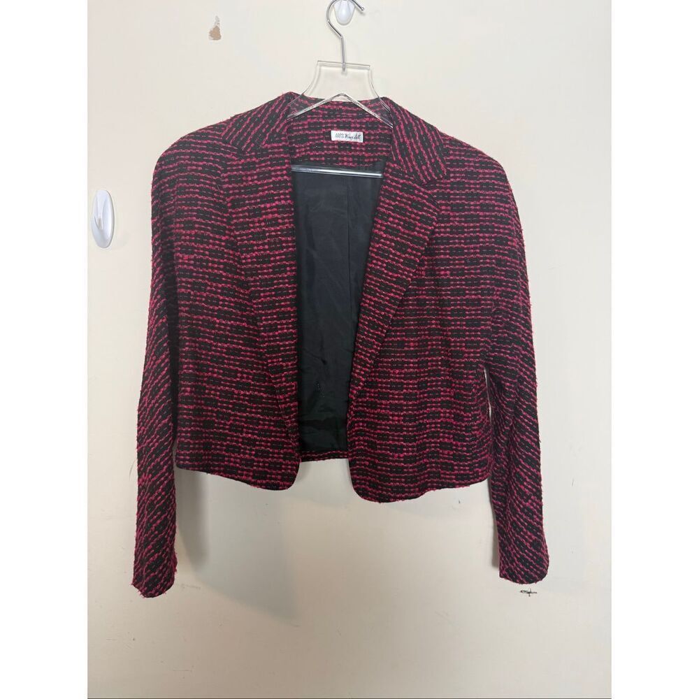 Ann May Red Black Size 6 Textured Cropped Jacket 100% Silk Open Front Blazer Eve